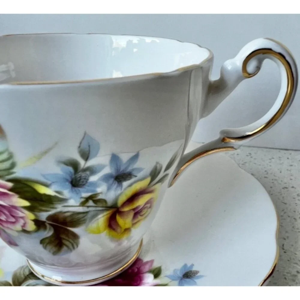 Regency English Bone China Cup & Saucer Floral Design Gold Trim Made In England